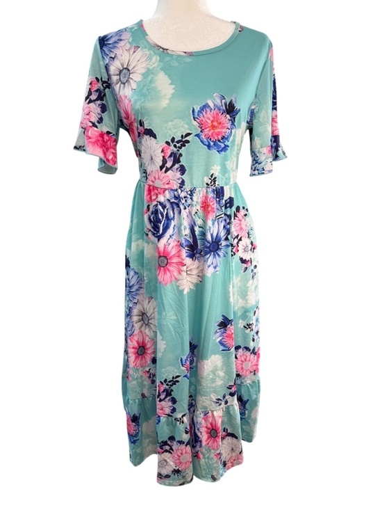 Dresses & Skirts - Turquoise Floral Dress Size Large Pockets